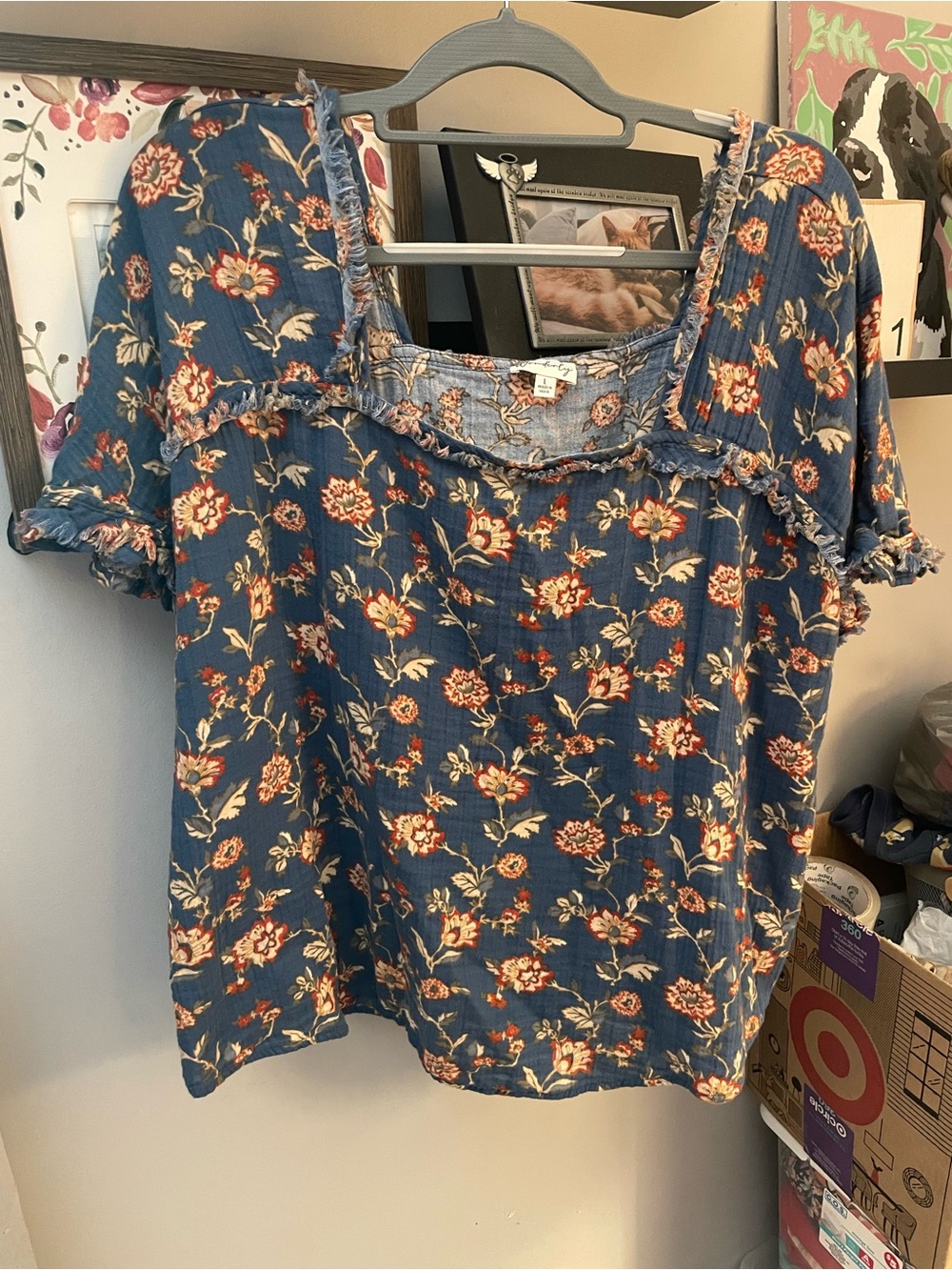 Blue Floral Square-Neck Women's Top